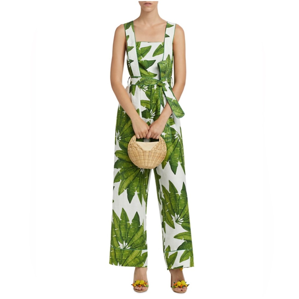 FARM Rio Tropical Green Leaf Jumpsuit, Palm Fan Linen Wide-Leg Has 2 side pocket - Picture 1 of 12